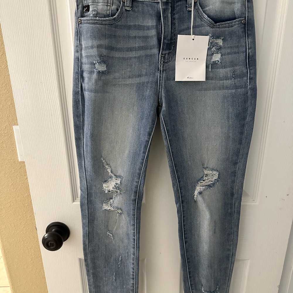Kancan mid rise ankle skinny destructed jeans